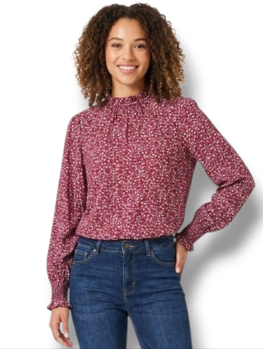 Lomon Women’s Burgundy Floral Long Sleeve Boho Blouse – Large